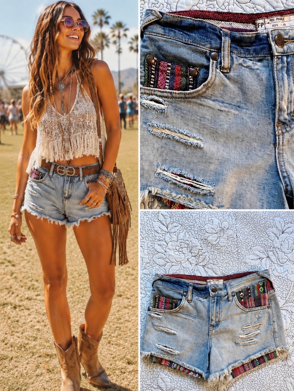 Free People Distressed Tapestry Cutoff Denim Shorts Aztec Boho Festival Sz 26🧡